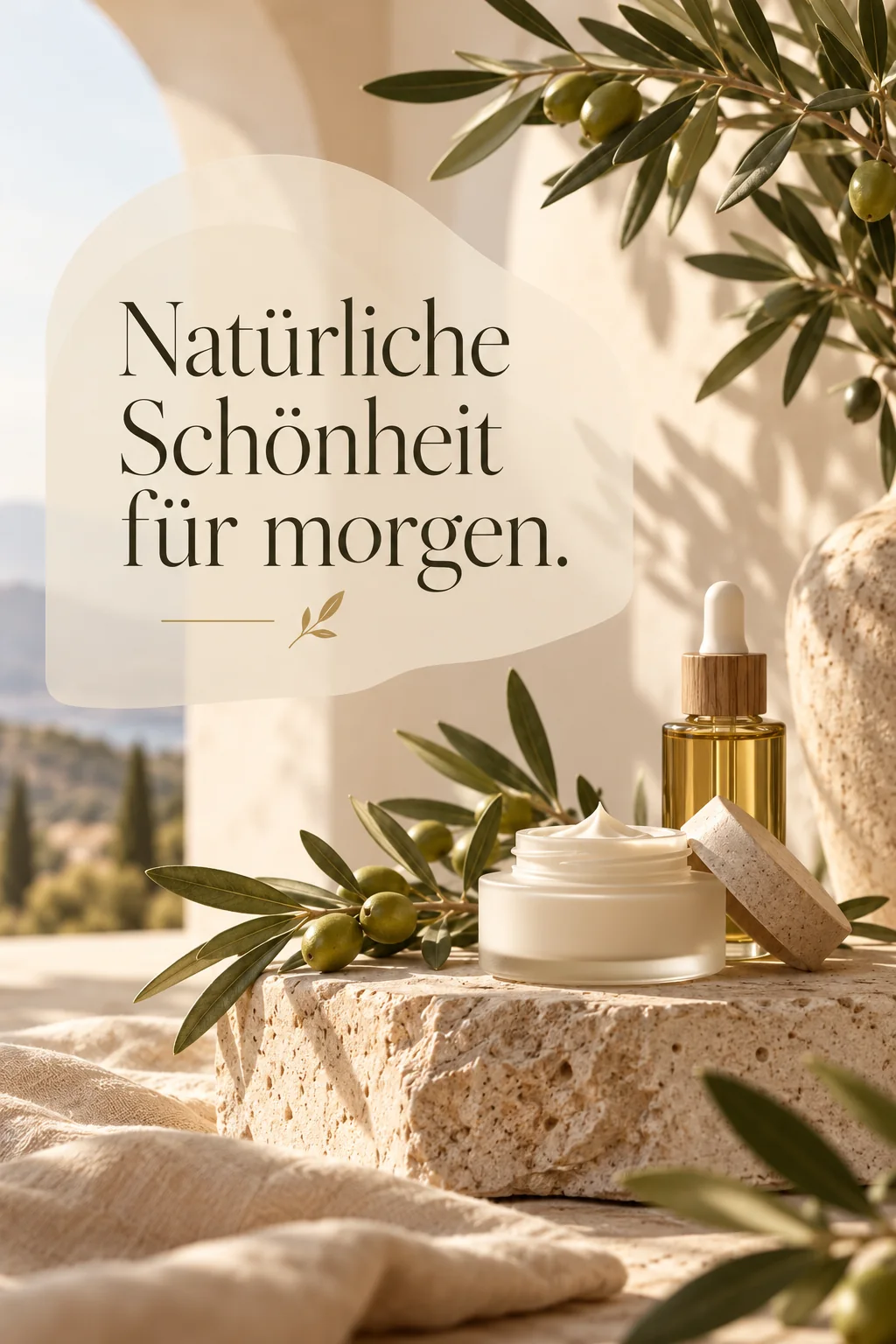 Botanisches Naturkosmetik-Stillleben mit der Aufschrift: Natürliche Schönheit für morgen.