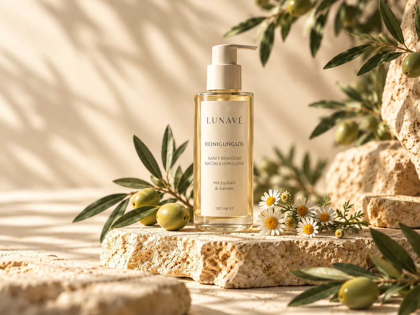 LUNAVÉ Reinigungsöl mit Kamillenblüten und Olivenzweigen auf Naturstein.