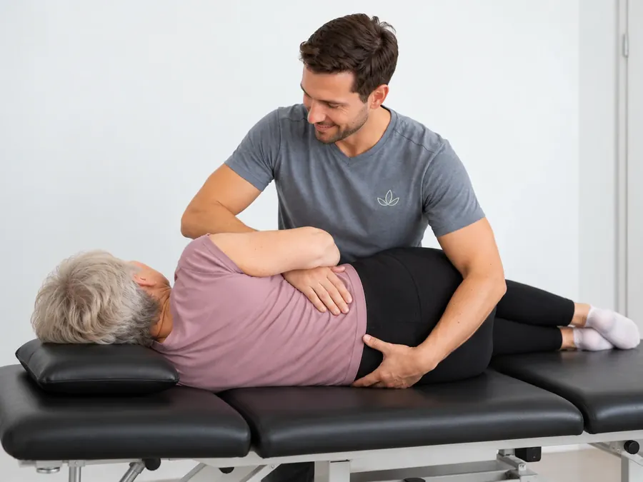 Physiotherapeut behandelt eine ältere Patientin in Seitenlage mit gezielten Handgriffen