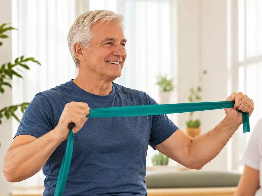 Älterer Mann trainiert mit einem elastischen Widerstandsband