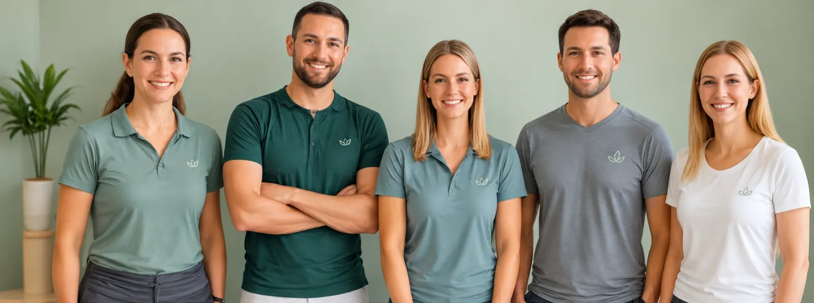 Fünf freundliche Mitglieder des fiktiven VITALORA-Praxisteams