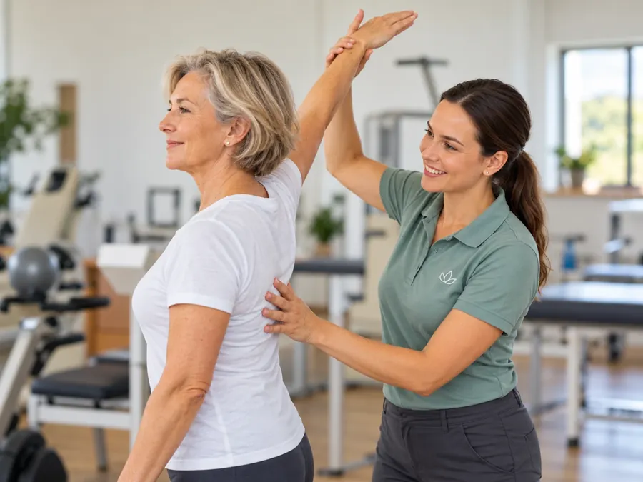 Physiotherapeutin unterstützt eine ältere Patientin bei einer Bewegungsübung